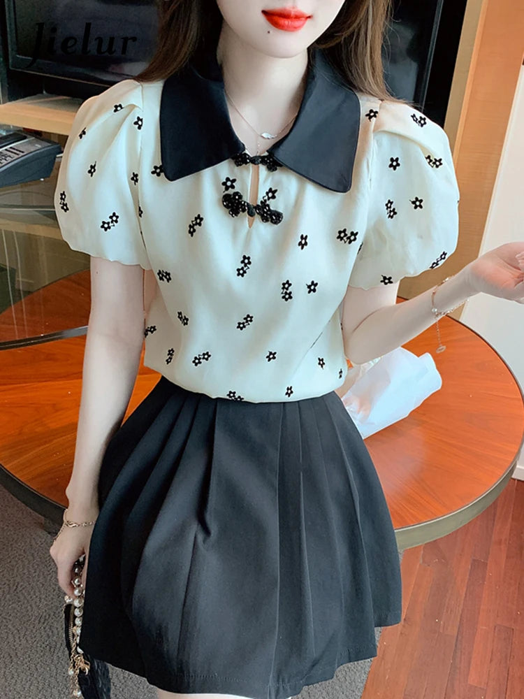 Printed Puff Sleeve Chic Bow Straight Female Blouse Korean Style Chiffon Peter Pan Collar Basic Fashion Women's Blouses