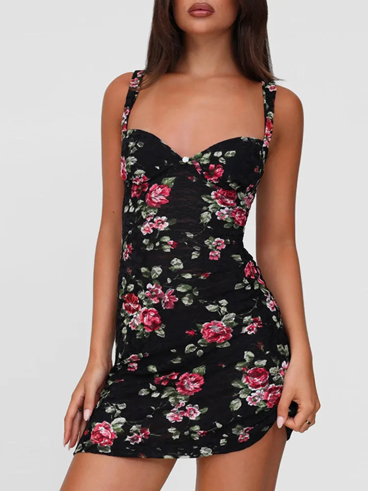 Mesh Print Sexy Mini Dress Women Summer New Spaghetti Strap Sleeveless Backless High Waist Beach Ruched Club Dress