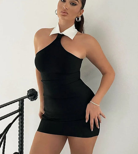 Halter Sleeveless Sexy Mini Dress For Women Fashion Patchwork Off-shoulder Backless Skinny Club Sexy Party Dress