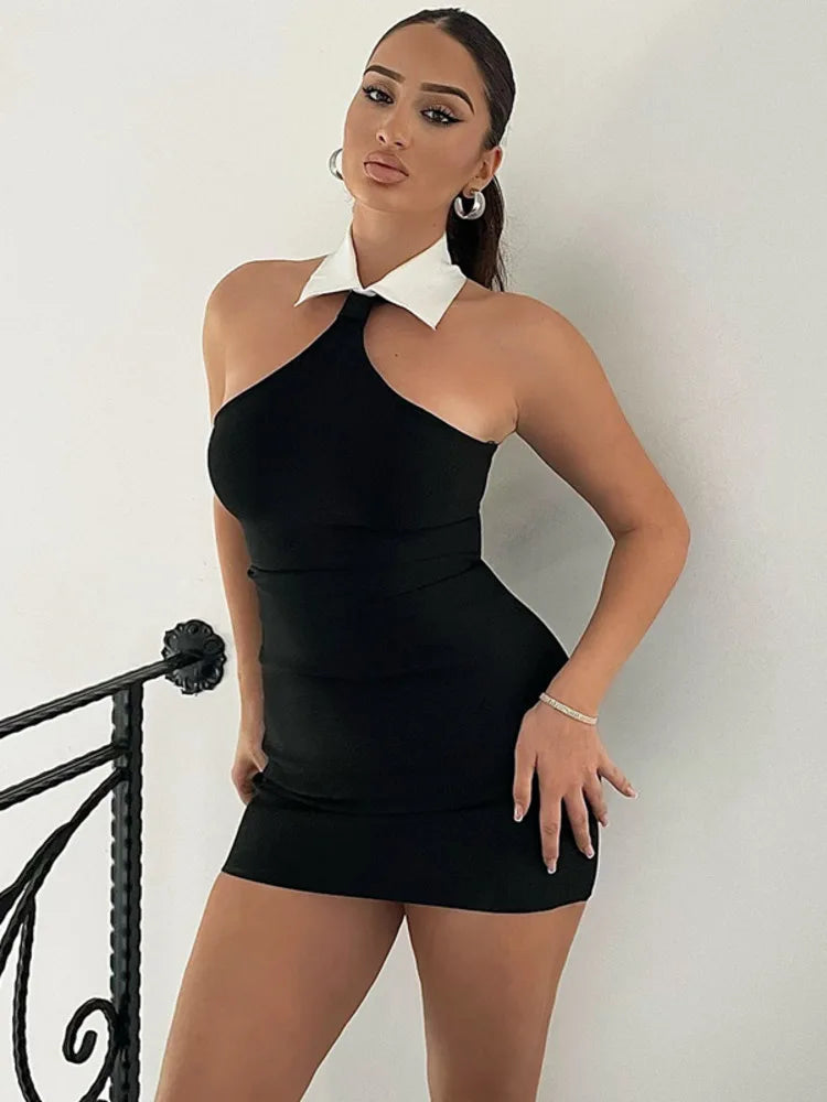 Halter Sleeveless Sexy Mini Dress For Women Fashion Patchwork Off-shoulder Backless Skinny Club Sexy Party Dress
