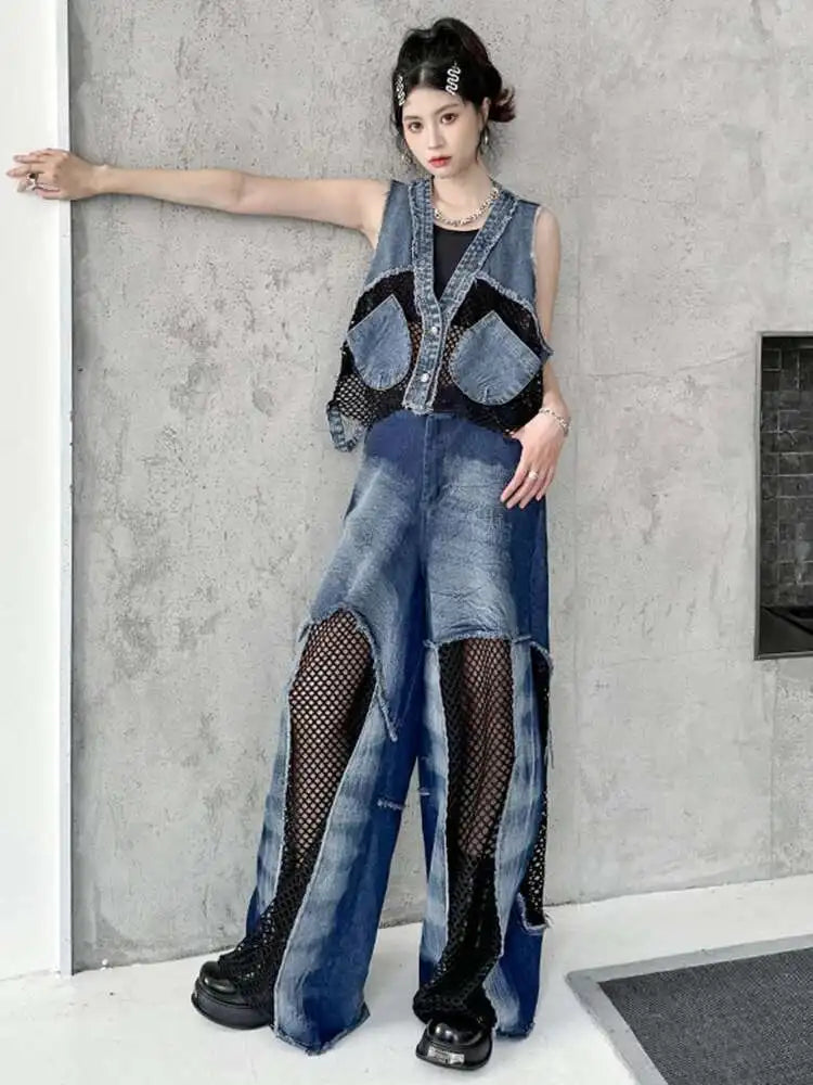 High Waist Blue Hollow Out Mesh Denim Wide Leg Jeans New Women Trousers Loose Fashion Tide Spring Autumn 2025 1DH4343
