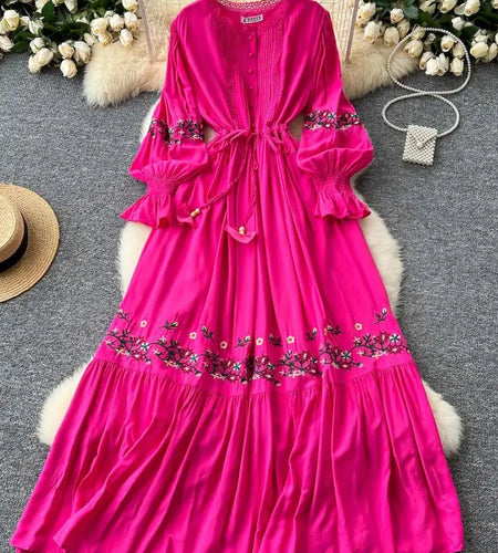 Vintage French Women Single Breasted Elegant Embroidered Dress Autumn Sweet Long Sleeves Round Neck Lace-up Lace Princess Dress