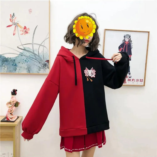 Load image into Gallery viewer, Harajuku Contrast Cartoon Embroidery Casual Fleece Pullover Hoodies Sweatshirt Women Winter Long Sleeve Korean Female Top
