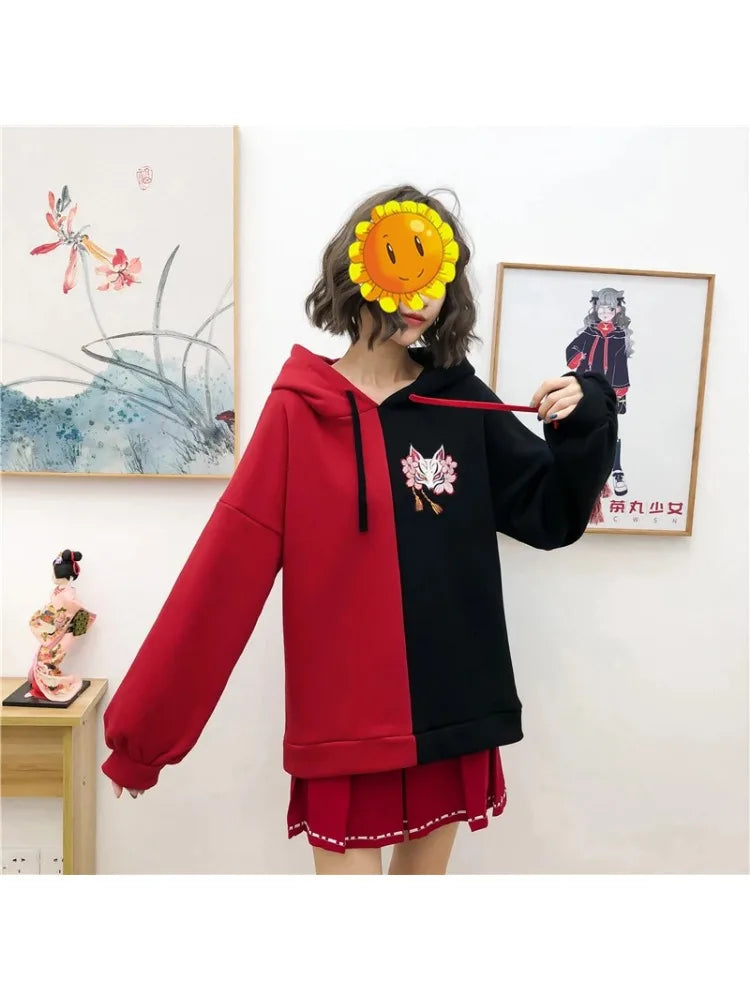 Harajuku Contrast Cartoon Embroidery Casual Fleece Pullover Hoodies Sweatshirt Women Winter Long Sleeve Korean Female Top