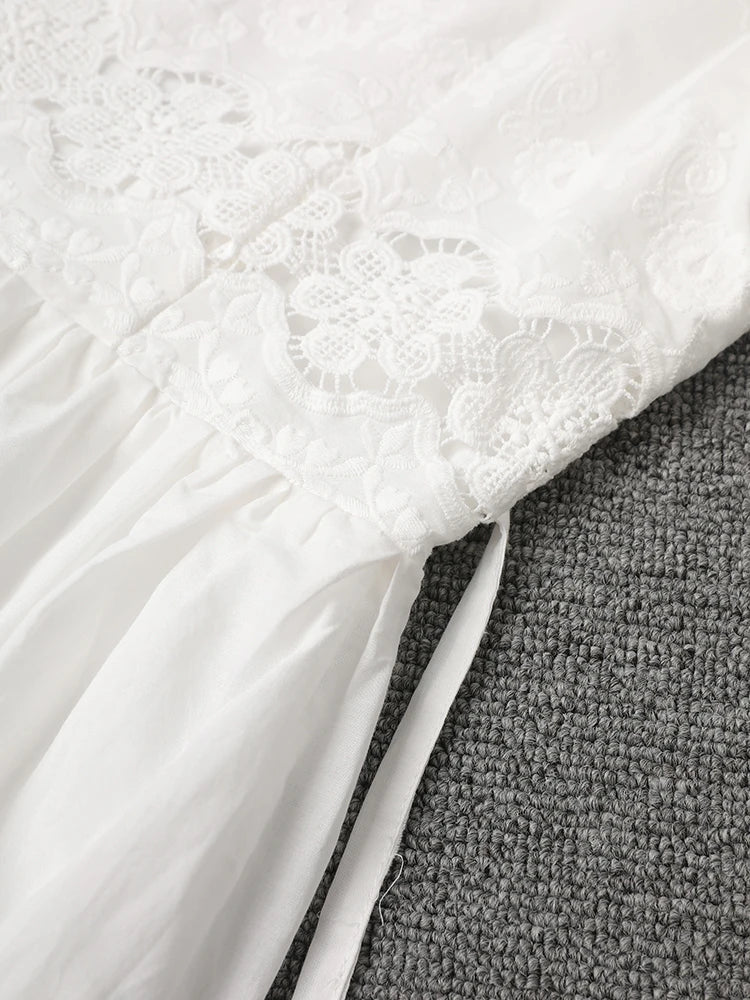 Women White Lace Hollow Out Elegant Slim Dress New Square Collar Short Sleeve Fashion Tide Spring Summer 2025 CPG3161