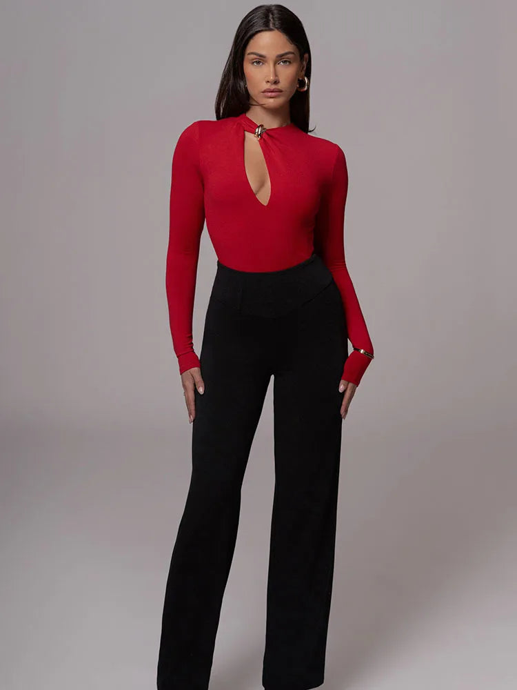 Sexy Hollow Out Long Sleeved High Elasticity Tight Fitting Bodysuit Women Irregular Jumpsuit Casual Party Club Rompers
