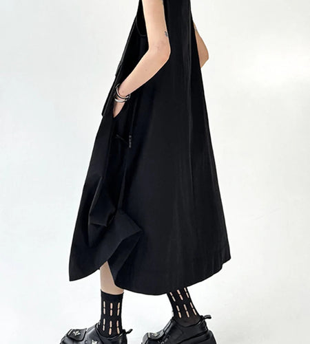 Women Black Pockets Big Size Casual Midi Vest Dress New Round Neck Sleeveless Fashion Tide Spring Autumn 2025 1DJ1167