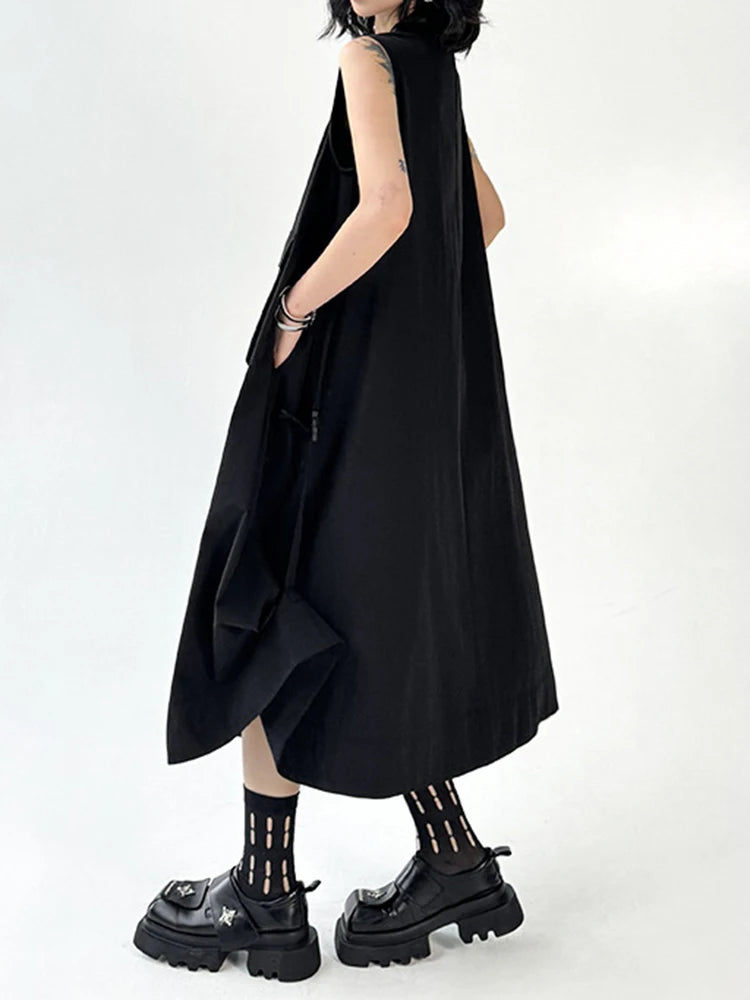 Women Black Pockets Big Size Casual Midi Vest Dress New Round Neck Sleeveless Fashion Tide Spring Autumn 2025 1DJ1167