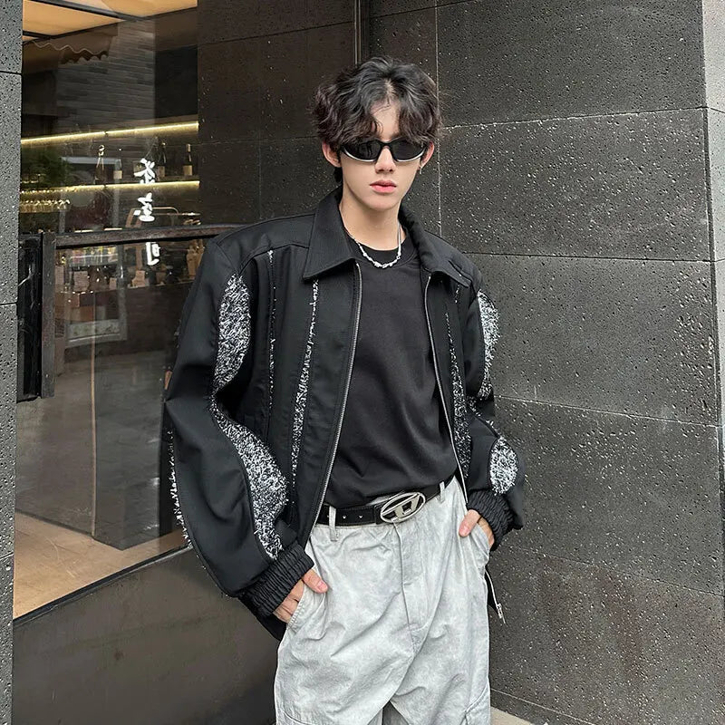 Sequin Design Men Coat Zipper Lapel Pockets Splice Shoulder Pad High Street Male Loose Jacket 2024 Autumn Winter 9C9033