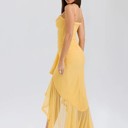 Load image into Gallery viewer, Ruffled Draped Ruched Sexy Maxi Dress For Women Yellow Spaghetti Strap Sleeveless Backless Club Party Sexy Long Dress
