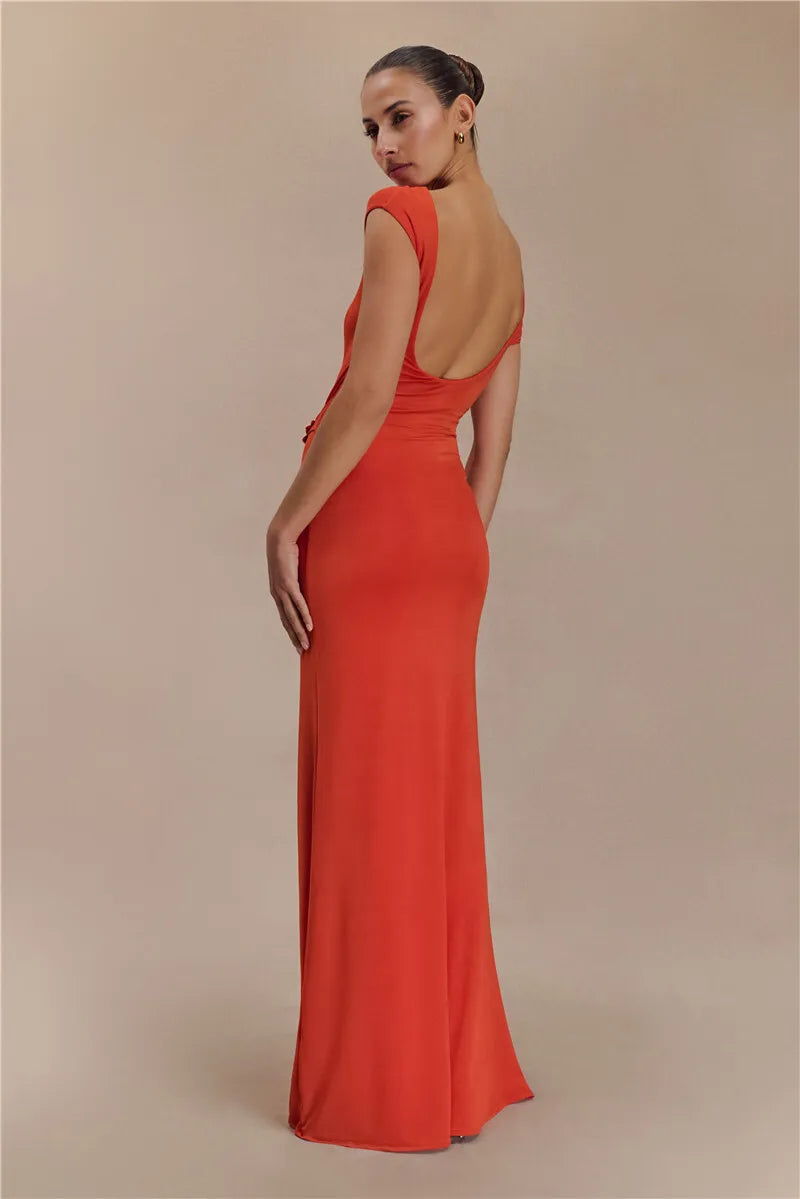 Hollow Out Gold Clasp Sexy Maxi Dress For Women Gown Solid Sleeveless Backless Ruched Bodycon Club Long Dress Elegant