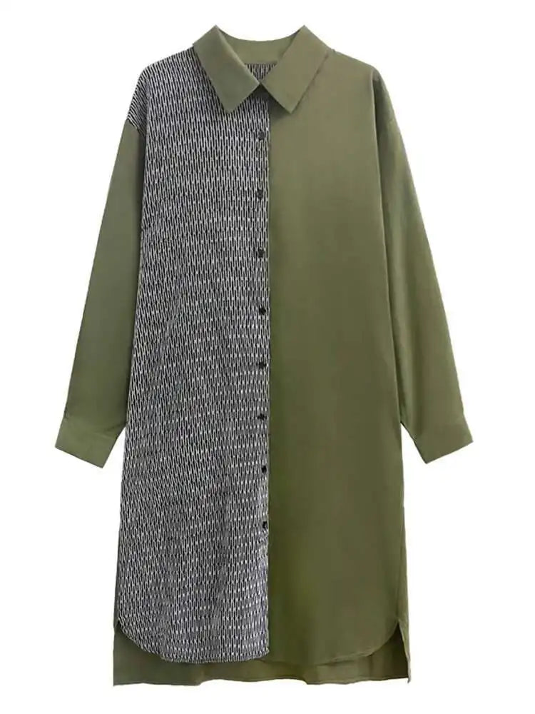 Women Black Color-block Big Size Midi Shirt Dress New Lapel Long Sleeve Loose Fit Fashion Tide Spring Autumn 2025 1DH2095