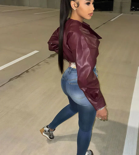 Classic Hipster Crop Jacket Women Irregular Single Buckle Button Faux Leather Autumn Wild Sexy Basic Cross Neck Coat