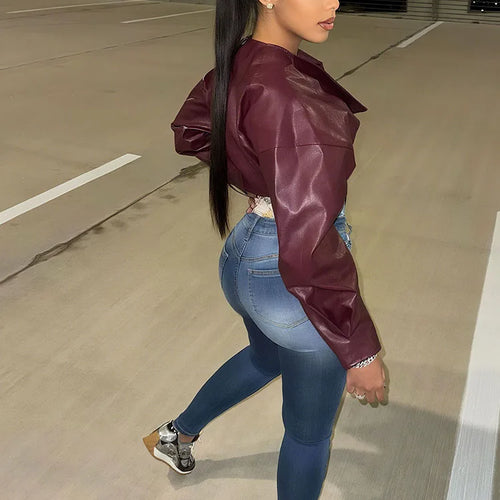 Load image into Gallery viewer, Classic Hipster Crop Jacket Women Irregular Single Buckle Button Faux Leather Autumn Wild Sexy Basic Cross Neck Coat
