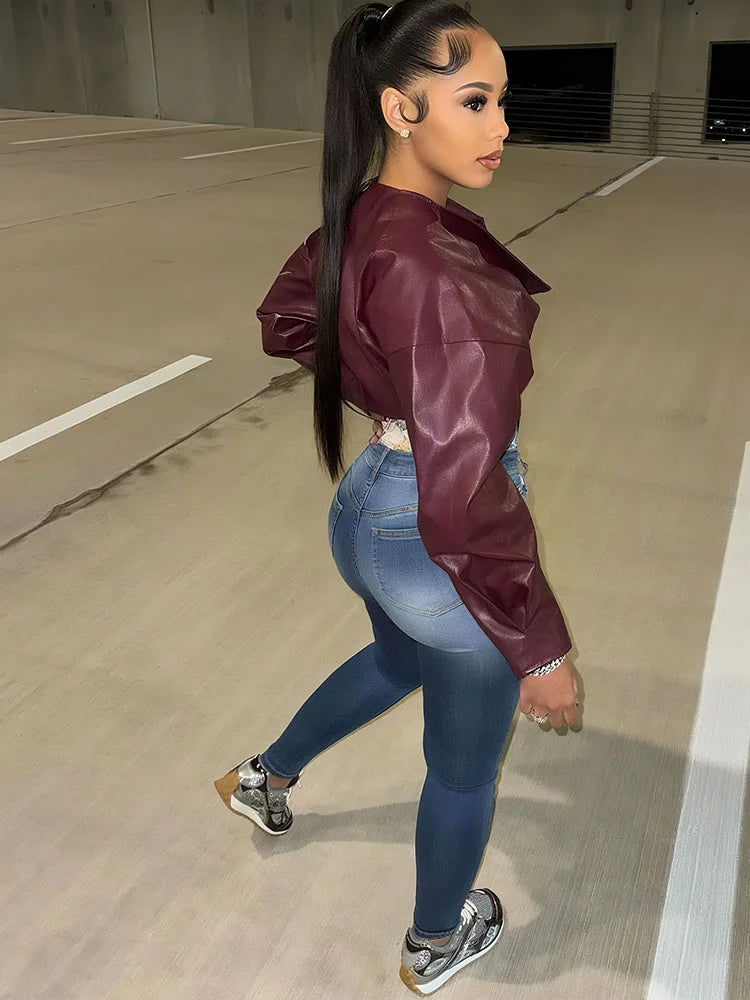 Classic Hipster Crop Jacket Women Irregular Single Buckle Button Faux Leather Autumn Wild Sexy Basic Cross Neck Coat