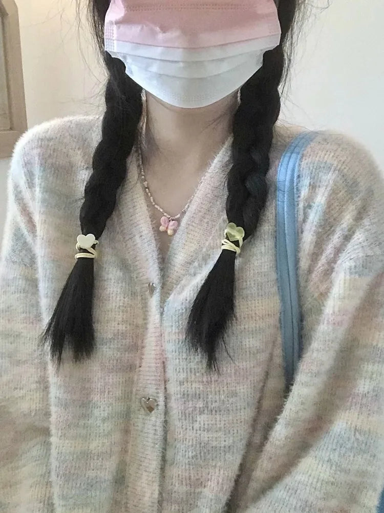 Cute Iridescence Knitted Cardigans Loose Sweet Y2k Aesthetic Single Breaste Tops Contrast Color Grunge Harajuku Sweaters Women