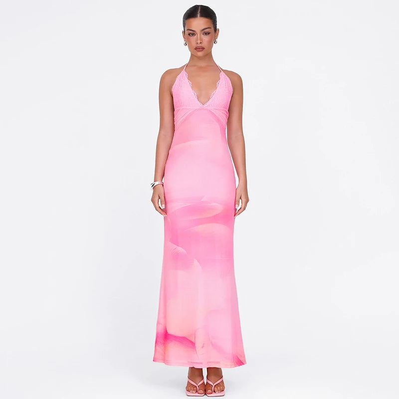 Spaghetti Strap Backless Sexy Maxi Dress For Women Gown Fashion Lace Deep V Neck Sleeveless Bodycon Long Dress Vestido