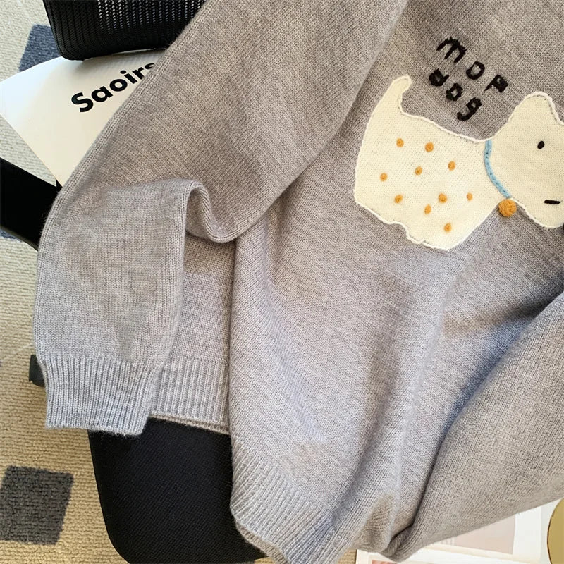 Sweet Beige Pink Puppy Embroidered Casual Sweaters Women Gray Round Neck Warm Long Sleeves Knit Pullover Tops Autumn Winter Chic