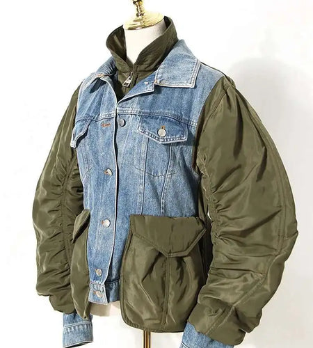 Blue Denim Color-block Big Size Jacket New Stand Collar Long Sleeve Women Coat Fashion Tide Spring Autumn 2025 7Z249