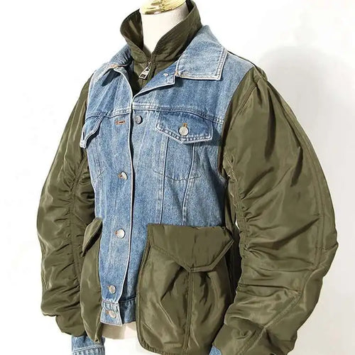 Load image into Gallery viewer, Blue Denim Color-block Big Size Jacket New Stand Collar Long Sleeve Women Coat Fashion Tide Spring Autumn 2025 7Z249
