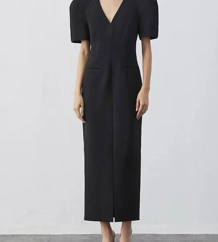 Solid Minimalist Slimming Dresses For Women V Neck Short Sleeve High Waist Temperament Dress Female Fashion Style