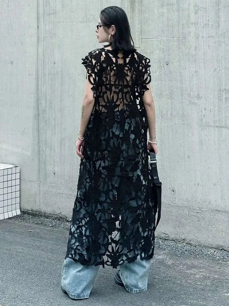 Women Black Lace Hollow Out Perspective Big Size Dress New Round Neck Sleeveless Fashion Tide Spring Summer 2025 1DJ0243