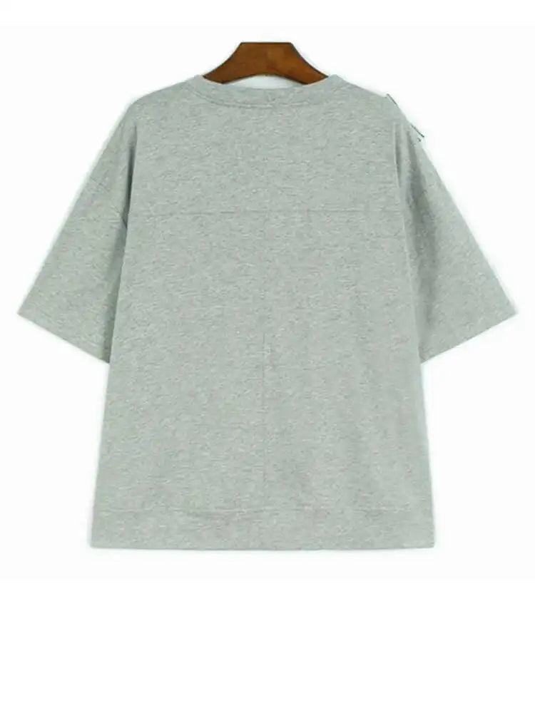 Women White Ruffles Color-block Big Size T-shirt New Round Neck Short Sleeve Fashion Tide Spring Summer 2025 1DJ0182