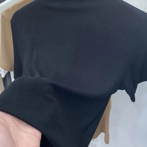 Load image into Gallery viewer, Threaded Short Sleeves Women T-shirts Summer New 2025 Turtleneck Solid Slim Elastic Long-sleeved Female Buttoming Pulls Top Tees
