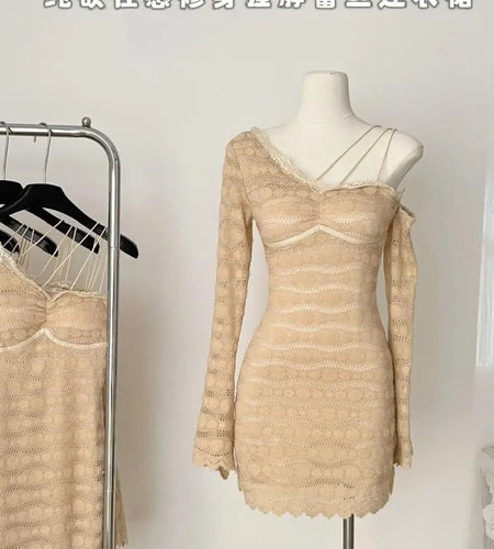 French Retro Women Khaki Lace Slim Backless Mini Dress Autumn Winter Off Shoulder Sexy Club Long Sleeved Short Dress Fashion New