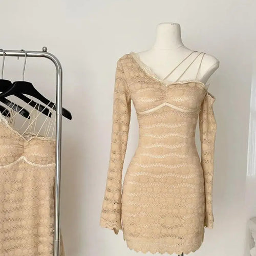 Load image into Gallery viewer, French Retro Women Khaki Lace Slim Backless Mini Dress Autumn Winter Off Shoulder Sexy Club Long Sleeved Short Dress Fashion New
