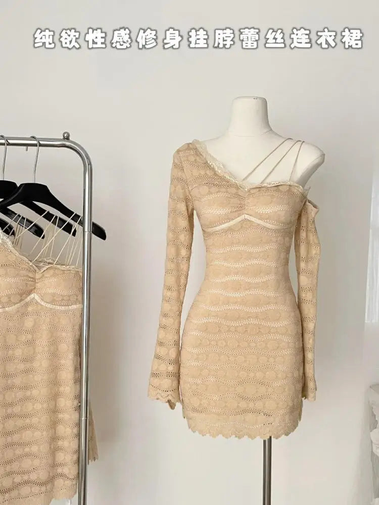 French Retro Women Khaki Lace Slim Backless Mini Dress Autumn Winter Off Shoulder Sexy Club Long Sleeved Short Dress Fashion New