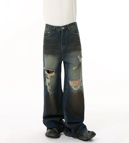 High Street Men's Denim Pants New Worn-out Contrast Color Wide Leg Jeans Hole Straight Personailty Male Trousers 9W1839