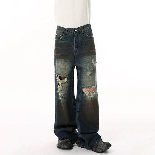 Load image into Gallery viewer, High Street Men&#39;s Denim Pants New Worn-out Contrast Color Wide Leg Jeans Hole Straight Personailty Male Trousers 9W1839
