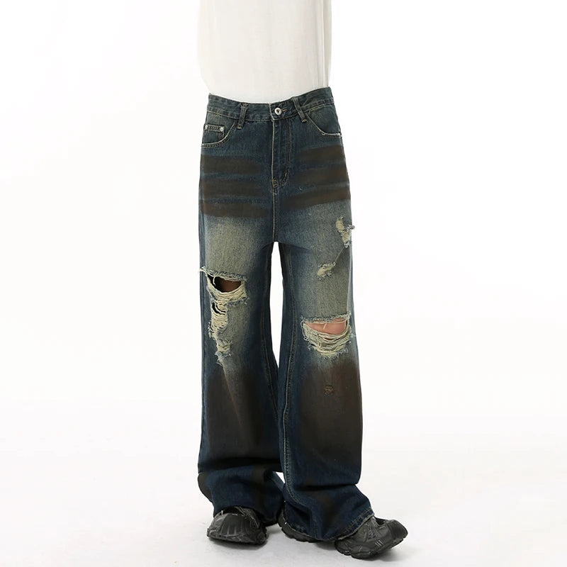 High Street Men's Denim Pants New Worn-out Contrast Color Wide Leg Jeans Hole Straight Personailty Male Trousers 9W1839