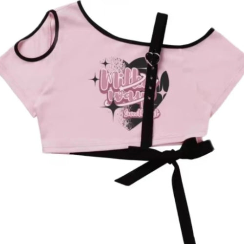 Load image into Gallery viewer, Sweet Cool Y2k Aesthetic Letter Print T-Shirts Irregular Off Shoulder Women Bandage Tshirts Hollow Out Harajuku Slim Cropped Top
