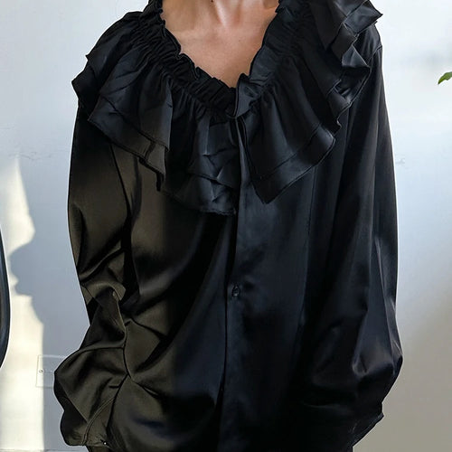 Load image into Gallery viewer, Women White Black Ruffles Big Size Elegant Blouse New V-neck Long Sleeve Shirt Fashion Tide Spring Autumn 2025 1DH95500
