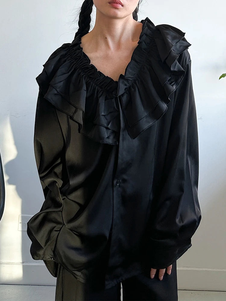 Women White Black Ruffles Big Size Elegant Blouse New V-neck Long Sleeve Shirt Fashion Tide Spring Autumn 2025 1DH95500