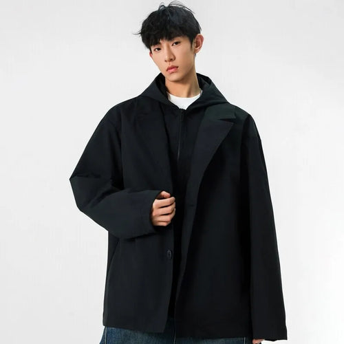 Load image into Gallery viewer, Male American Style Fake Two Piece Lapel Jackets Men&#39;s Hooded Casual Solid Color Stand Collar Loose Coats Menswear 9W1235
