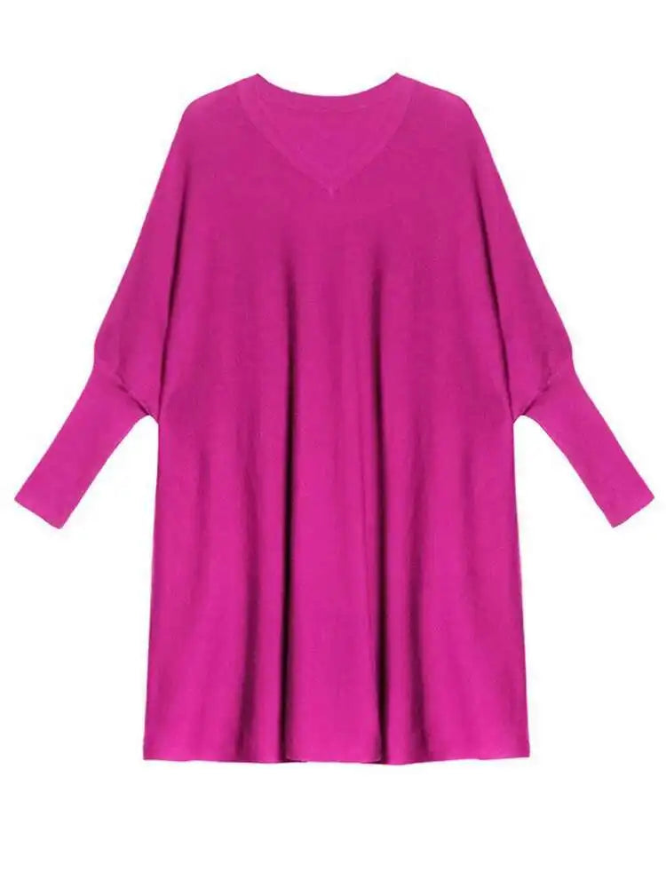 Women Blue Knitting Big Size Mini Dress New V-Neck Long Batwing Sleeve Loose Fit Fashion Tide Spring Autumn 2025 1DF9758