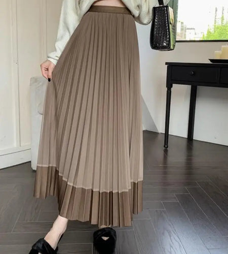 Autumn Winter New Black Beige Patchwork Mesh Elegant High Waist Long Skirt Women Brown Festival Pleated Skirt Simplicity Popular