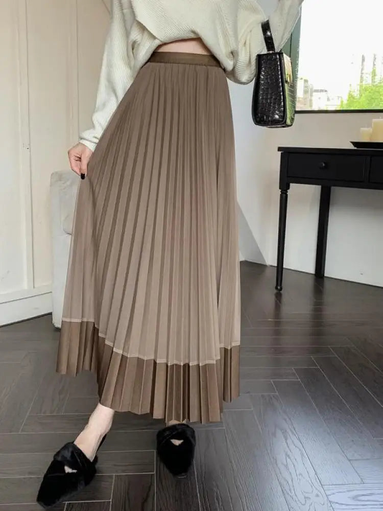 Autumn Winter New Black Beige Patchwork Mesh Elegant High Waist Long Skirt Women Brown Festival Pleated Skirt Simplicity Popular