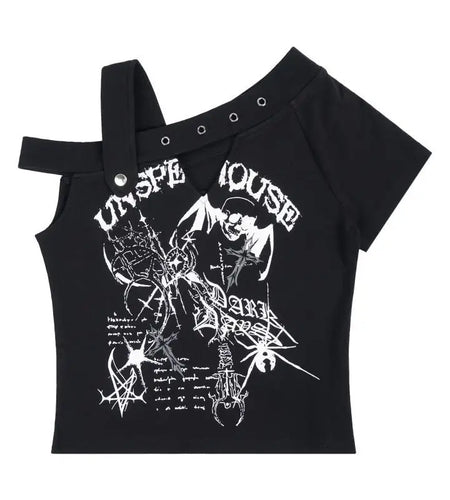 Harajuku Y2k Tshirts for Women Fashion Japanese Camisetas Black Punk Skull Tees Crop Tops Skew Collar Tunic Off Shoulder T-shirt