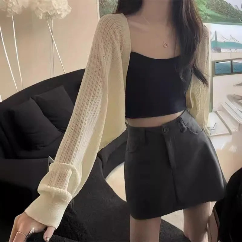 Sun Protection Y2k Aesthetic Solid Women Cardigan Hollow Out Loose Streetwear Knitted Harajuku Casual Vintage Grunge Crop Tops