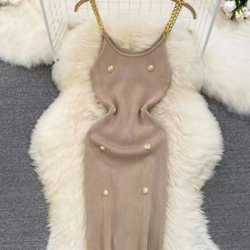 Load image into Gallery viewer, Korean Summer Fashion Women Solid O-neck Button Knitted Midi Dress Sexy Cldub Sleeveless Office Chain Slip Dresses Women Popular
