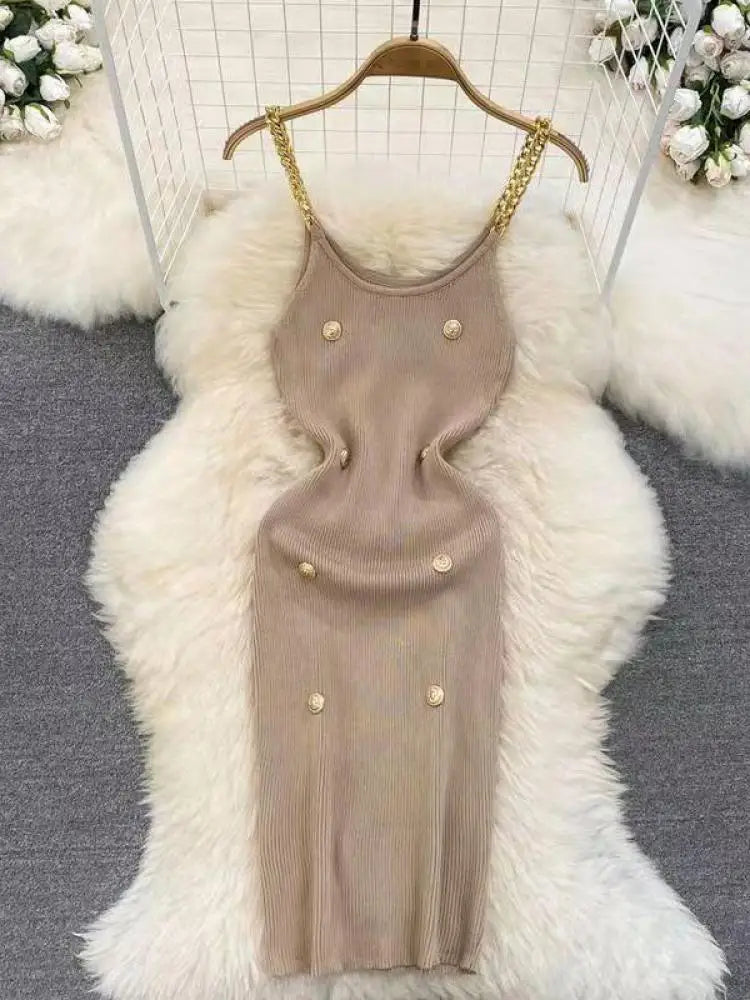 Korean Summer Fashion Women Solid O-neck Button Knitted Midi Dress Sexy Cldub Sleeveless Office Chain Slip Dresses Women Popular