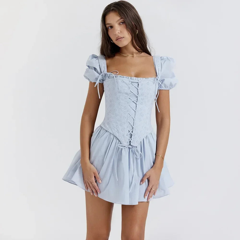 Summer Blue Puff Sleeve Corset Dress Mini Elegant A Line Lace Up Holiday Party Dress Square Neck Women Dress 2023