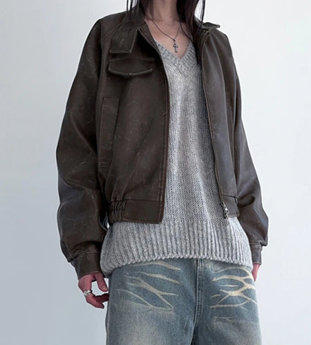 Grunge Fairycore Chic Leather Jacket Female Fashion Zipper Autumn Winter Distressed Coat Vintage Outwear PU Jackets