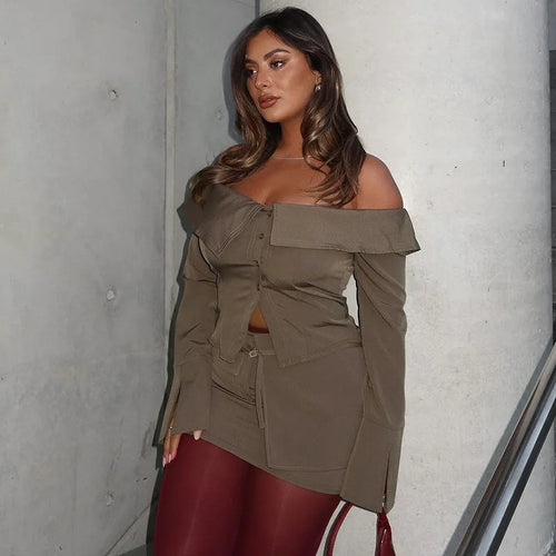 Load image into Gallery viewer, Sexy Two Piece Sets Women Off-shoulder Long Sleeve T-shirt And Mini Skirt Matching Sets Backless Sexy 2 Piece Sets
