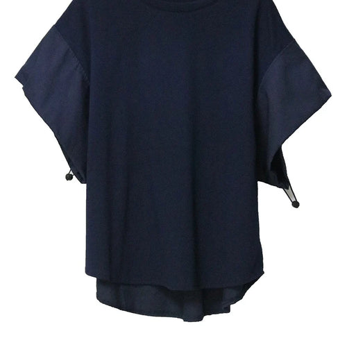 Load image into Gallery viewer, Women Black Drawstring Big Size Casual T-shirt New Round Neck Short Sleeve Fashion Tide Spring Summer 2025 1DJ1889
