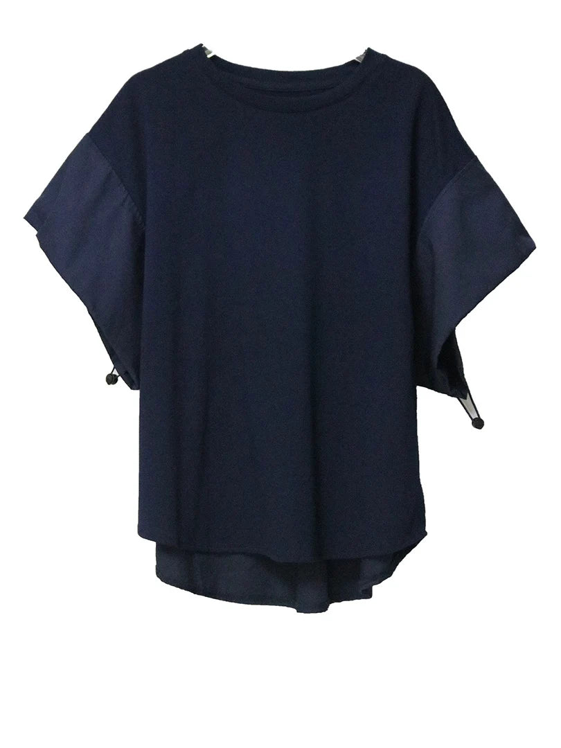 Women Black Drawstring Big Size Casual T-shirt New Round Neck Short Sleeve Fashion Tide Spring Summer 2025 1DJ1889